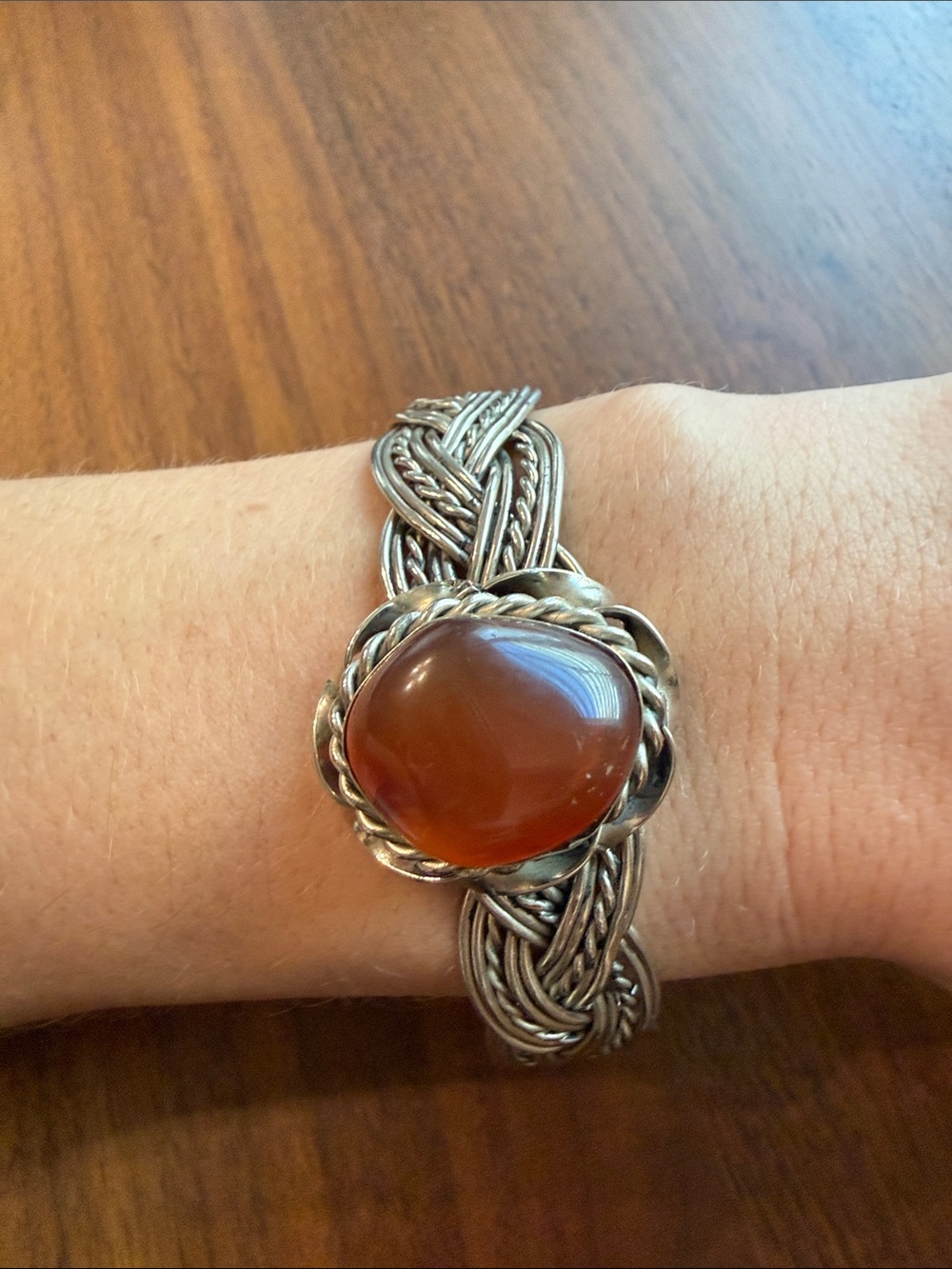 Sterling Silver Braided Bracelet with Carnelian Colored Stones